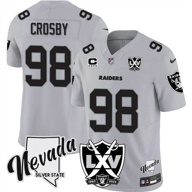 Men & Women & Youth Las Vegas Raiders #98 Maxx Crosby Grey 2024 F.U.S.E With Nevada Silver Stat Patch And 65th Anniversary Patch 4-Star C Patch Stitched Jersey->las vegas raiders->NFL Jersey